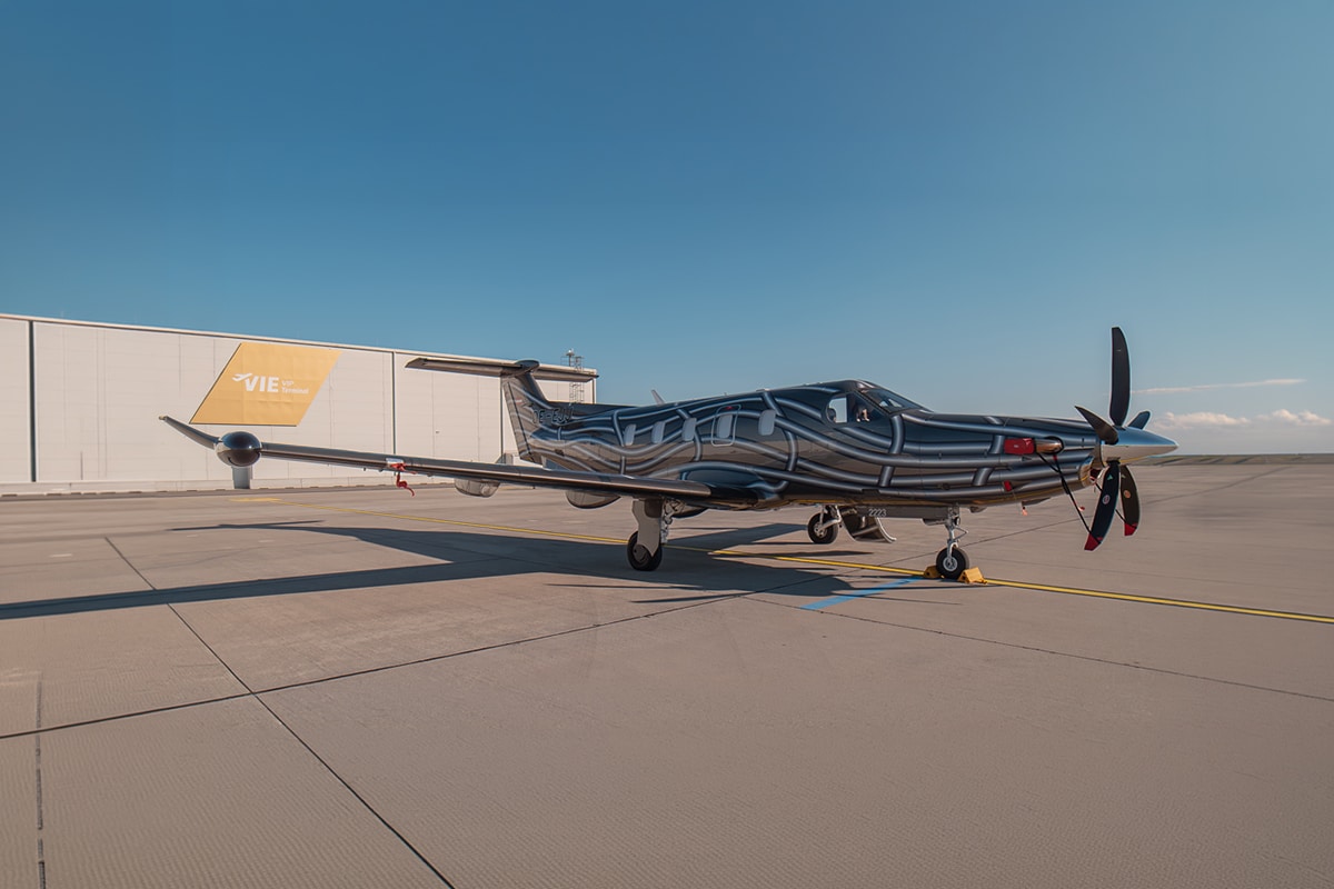 Ein einmotoriges Propellerflugzeug mit einem markanten schwarz-silbernen Streifenmuster steht bei klarem Himmel auf dem Rollfeld neben einem Hangar.