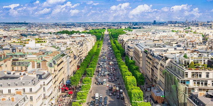 Aerial view of a busy city avenue lined with trees and buildings under a blue sky with scattered clouds.